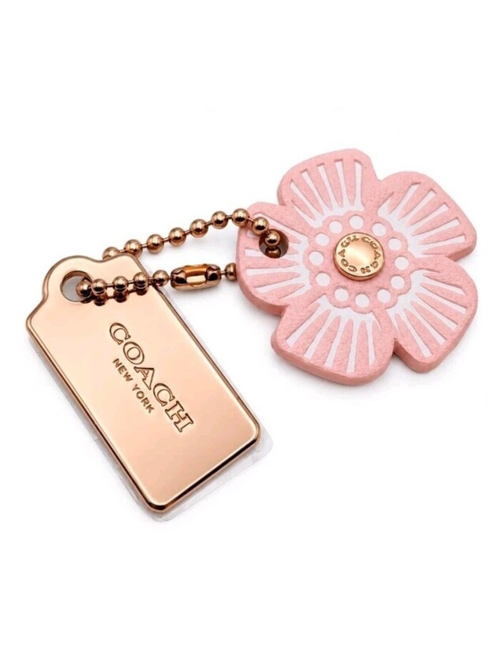 Coach Pink Floral Bag Charm Keychain Rose Gold Tone Hang Tag New